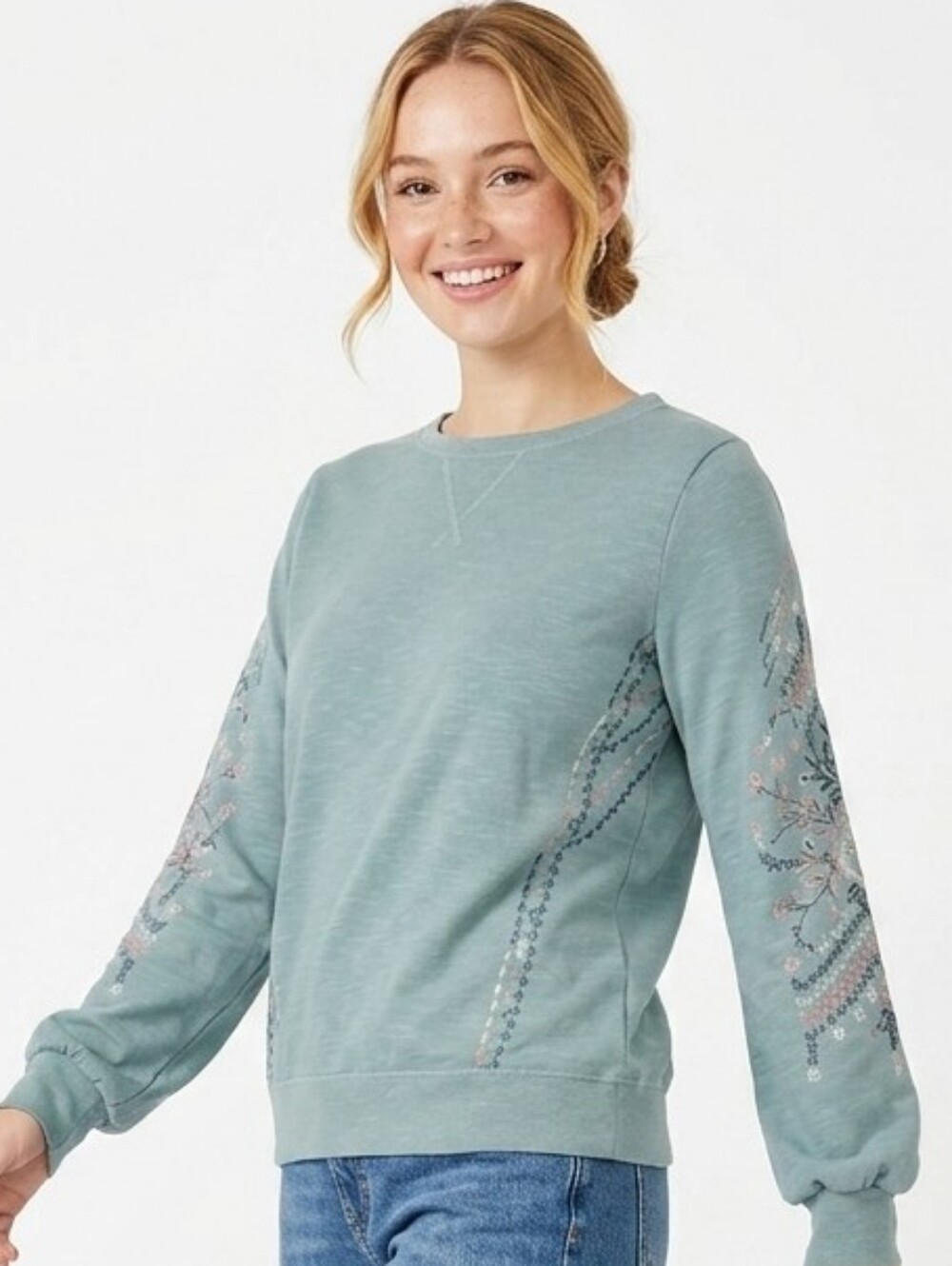 Embroidered Floral Sweatshirt Top in Dusty Sage